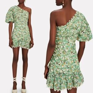 Farm Rio Green Mini Toucans One-Shoulder Dress